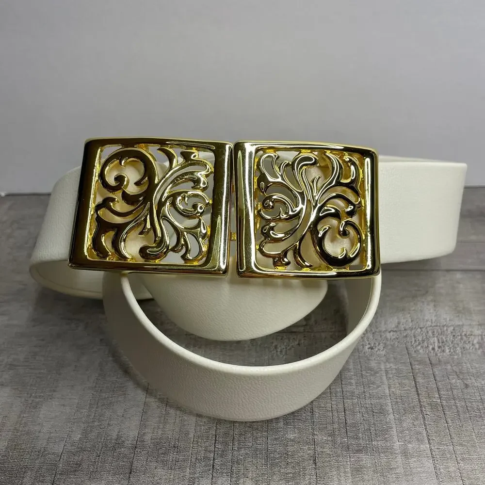 DOUGLAS PAQUETTE DP White 1.25 in Adjustable Belt Gold Scroll Buckle 35 in OSFM